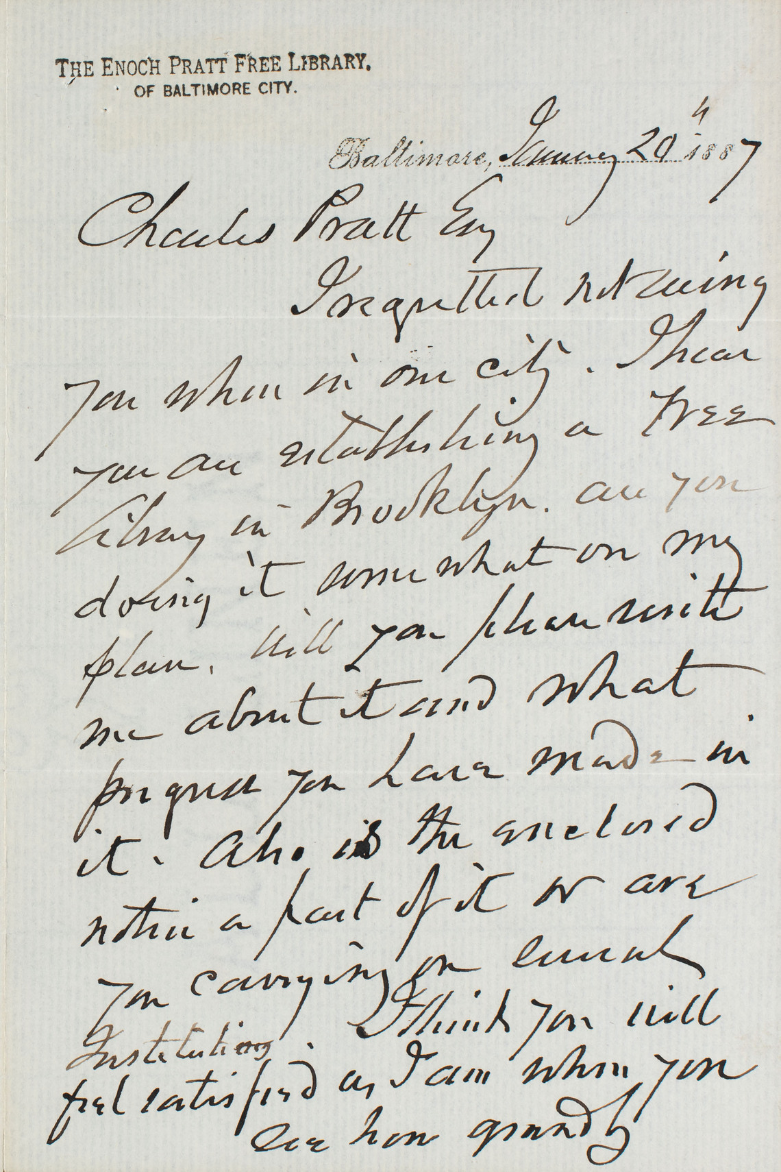 Letter from Enoch Pratt to Charles Pratt