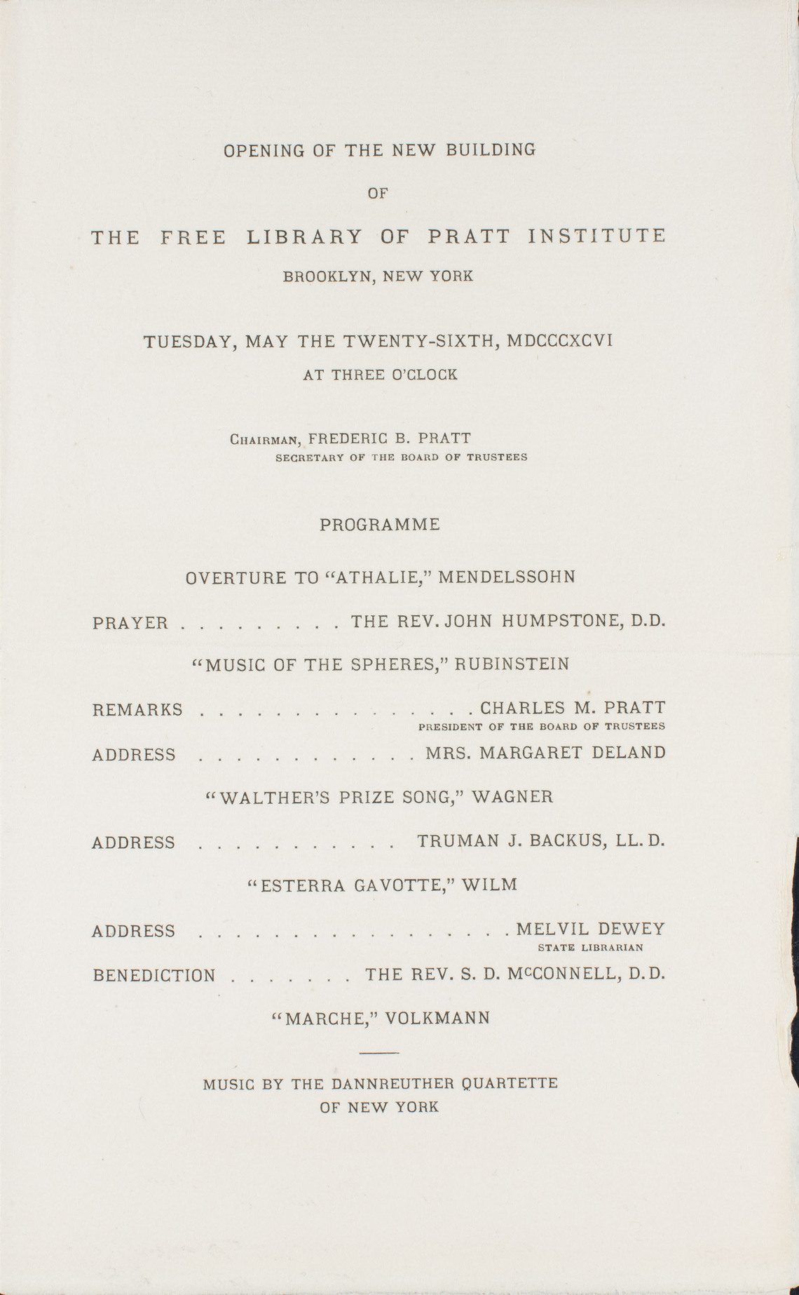 Program for the Opening of the Pratt Institute Free Library