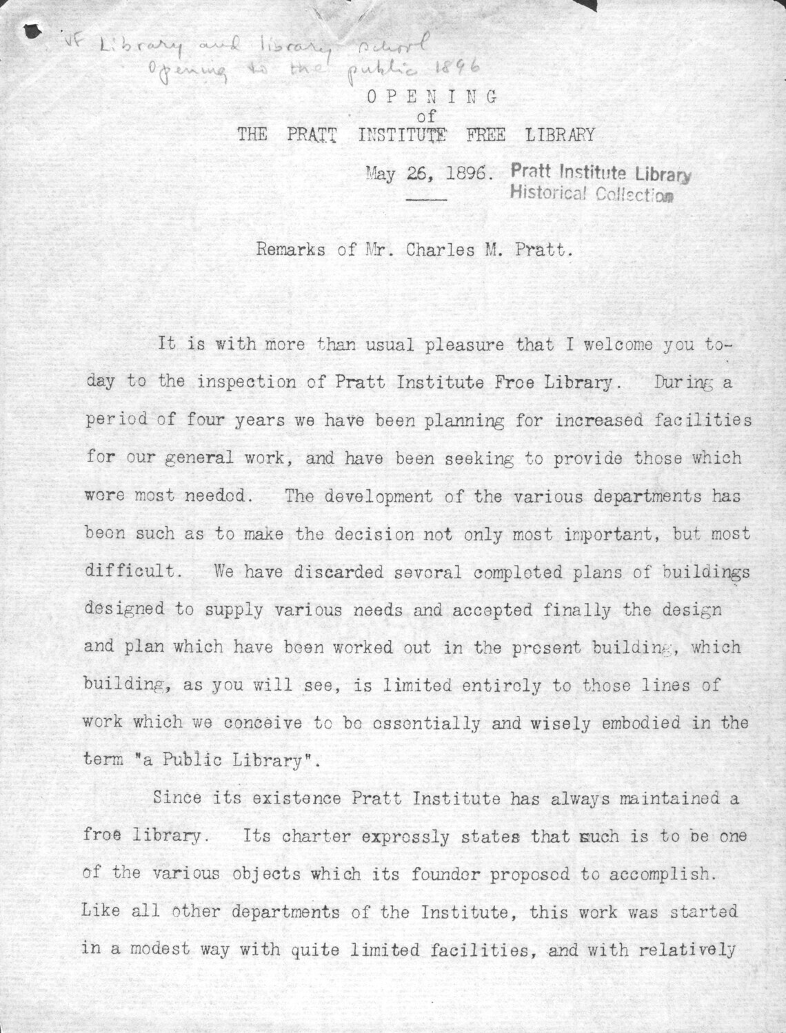 Charles Pratt's Remarks for the Opening of the Pratt Institute Free Library