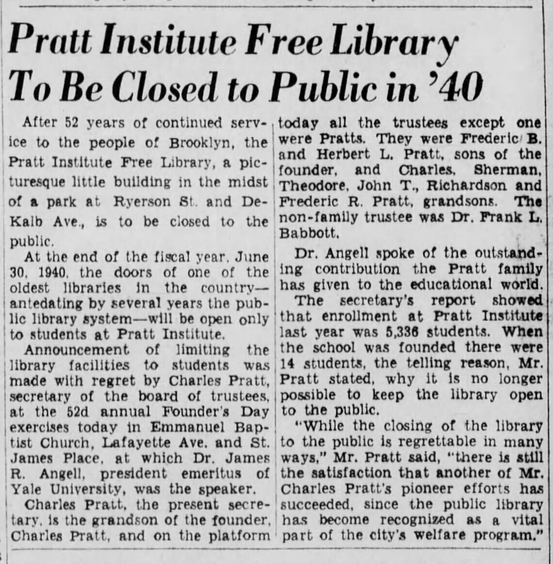 Pratt Institute Free Library to be Closed to the Public