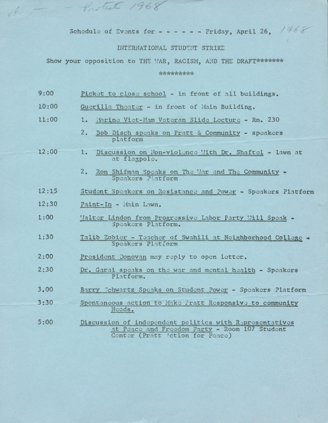 Schedule of Events for April 26, 1968 International Student Strike