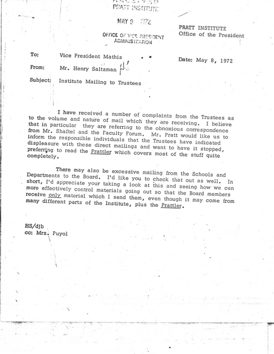 Letter to Vice President Mathis from Henry Saltzman